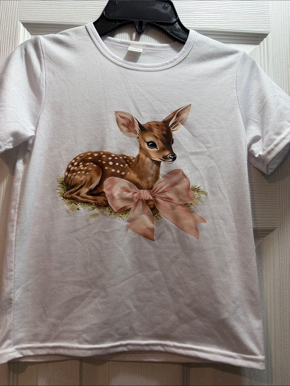 SHEIN White Tee with Fawn Graphic and Pink Bow